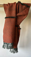 Orange & Green Herringbone British Wool Scarf with Fringe Details