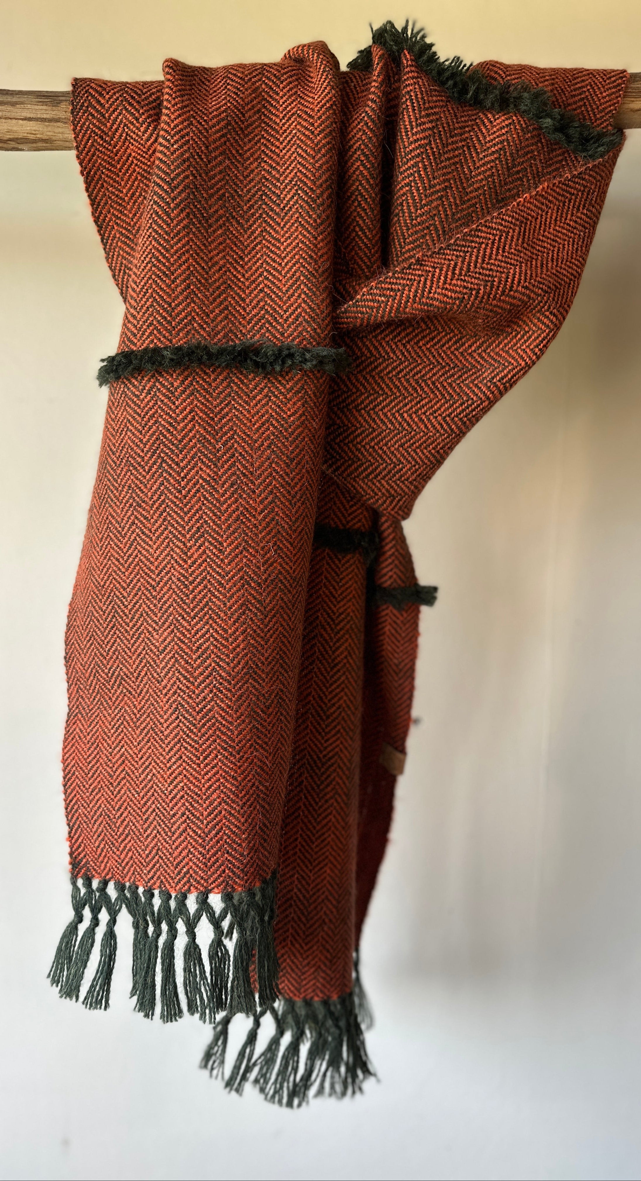 Orange & Green Herringbone British Wool Scarf with Fringe Details