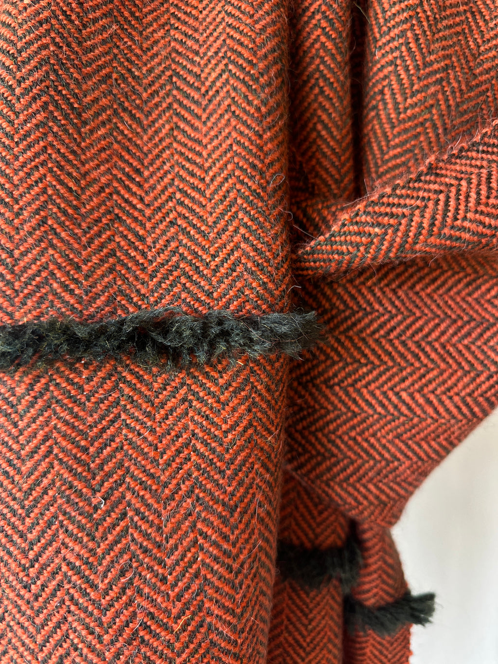 Orange & Green Herringbone British Wool Scarf with Fringe Details