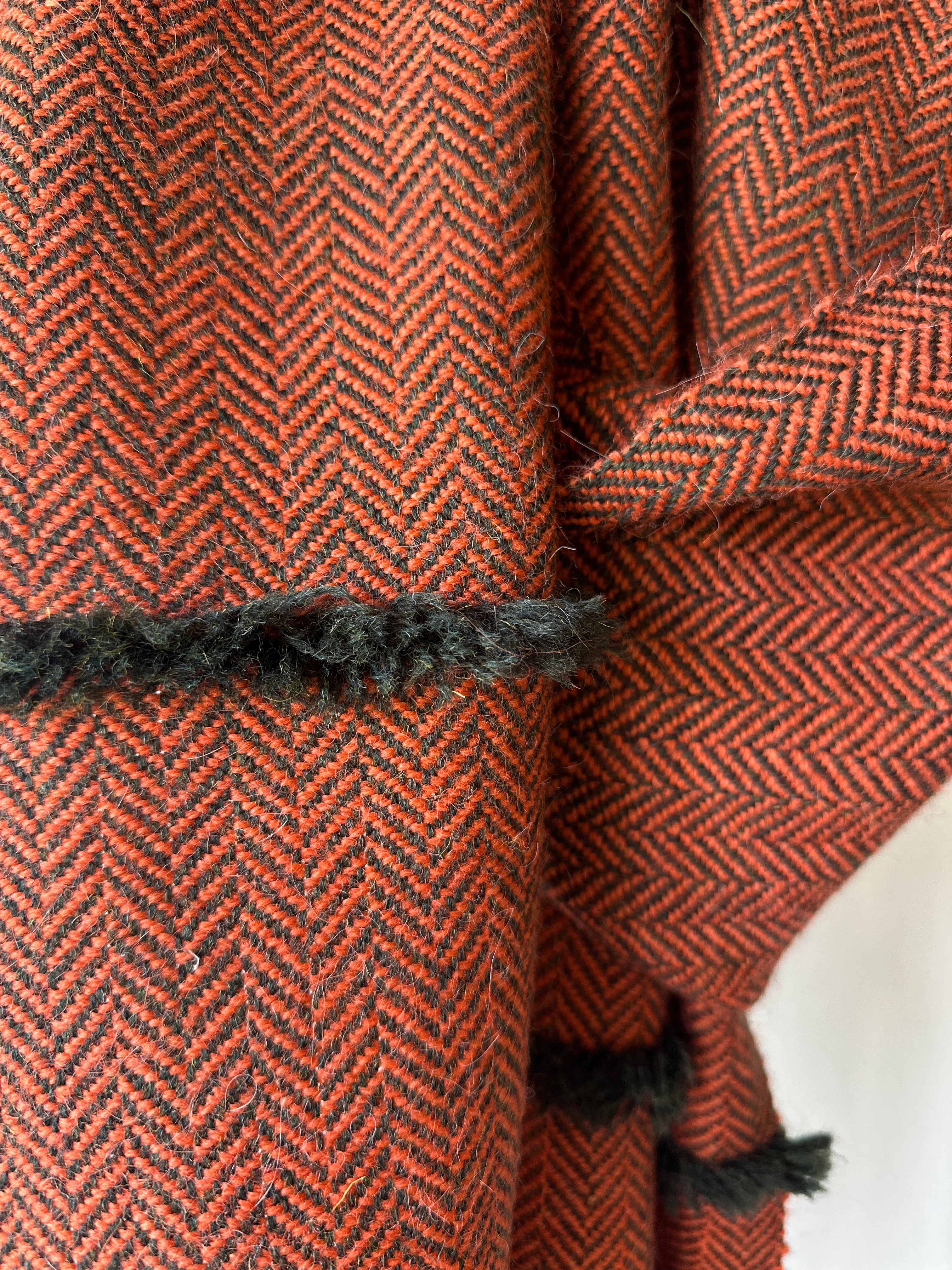 Orange & Green Herringbone British Wool Scarf with Fringe Details