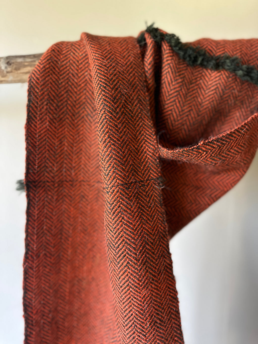 Orange & Green Herringbone British Wool Scarf with Fringe Details