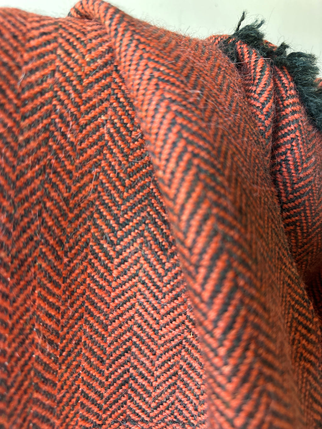 Orange & Green Herringbone British Wool Scarf with Fringe Details