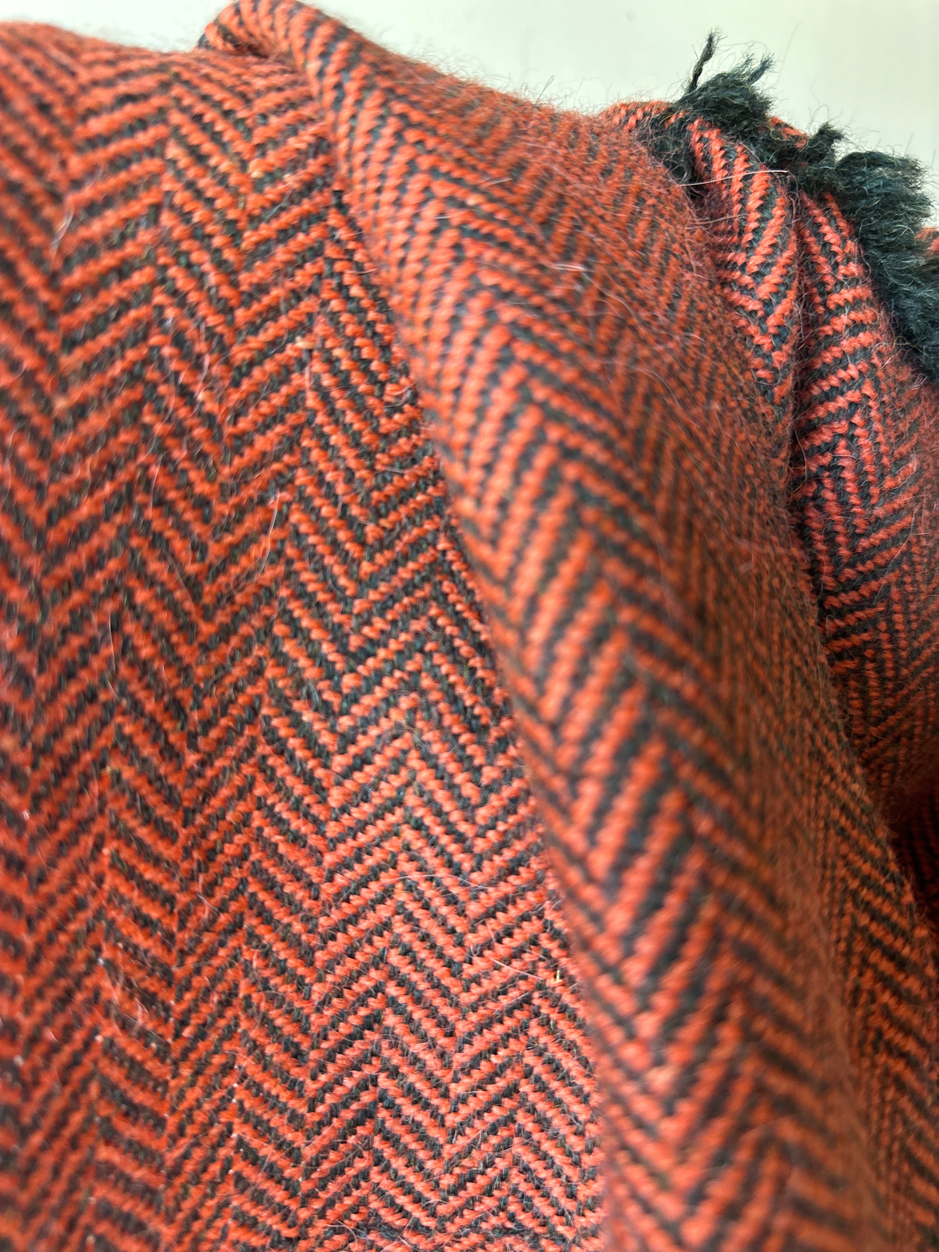 Orange & Green Herringbone British Wool Scarf with Fringe Details
