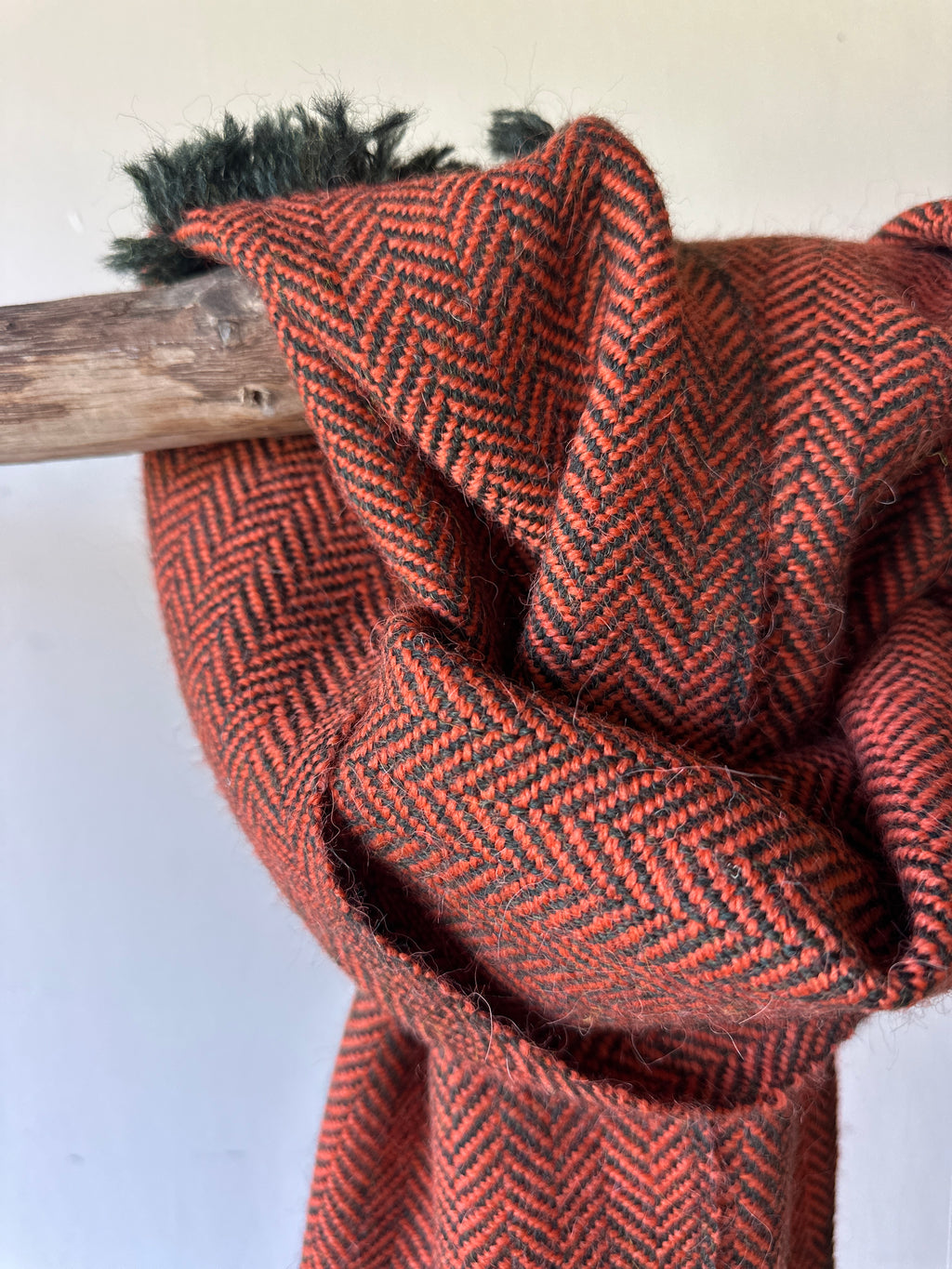 Orange & Green Herringbone British Wool Scarf with Fringe Details