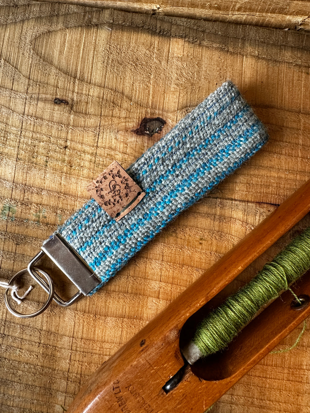Blue & Grey Striped British Wool Fabric Key Fob