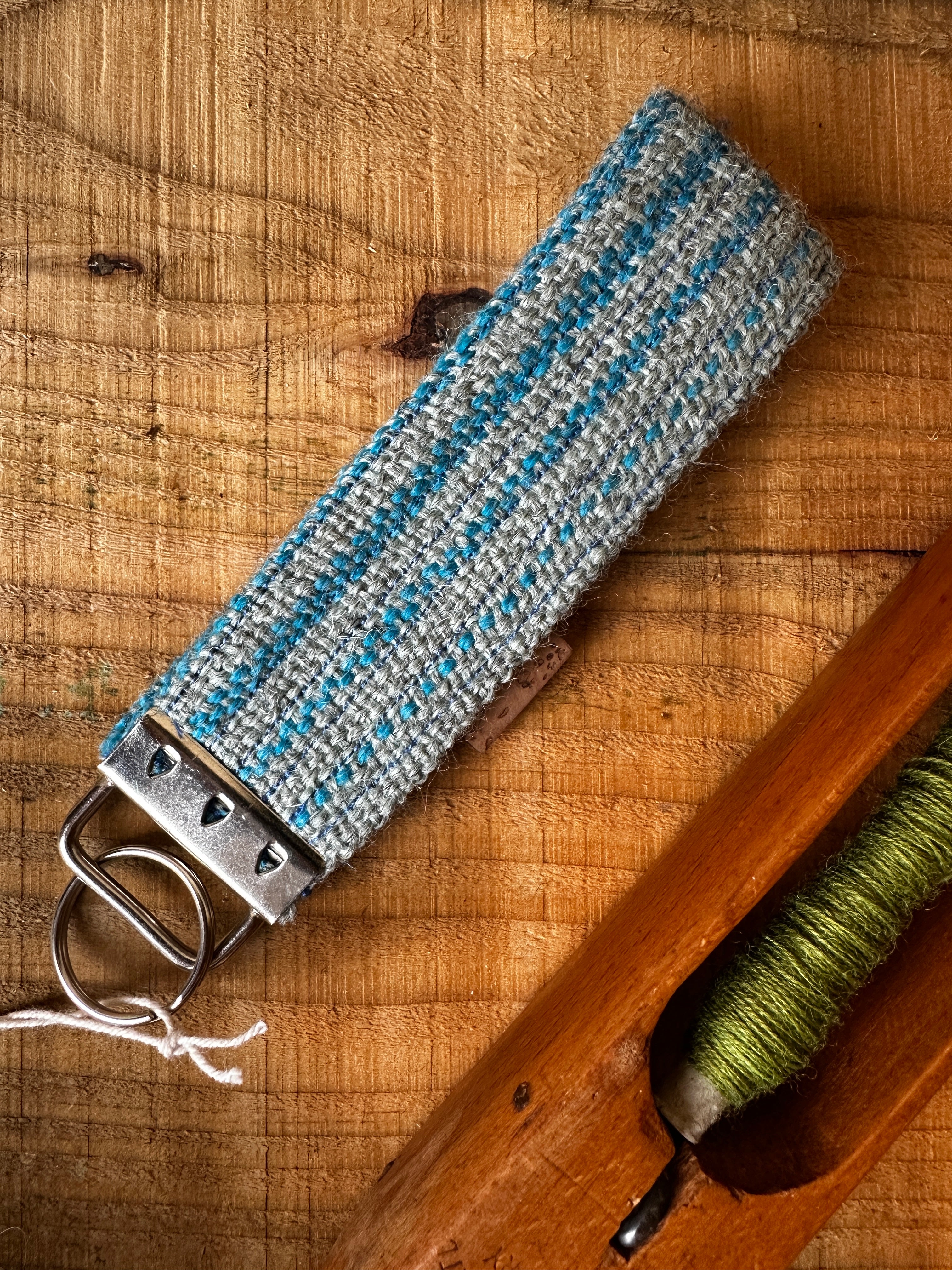 Blue & Grey Striped British Wool Fabric Key Fob