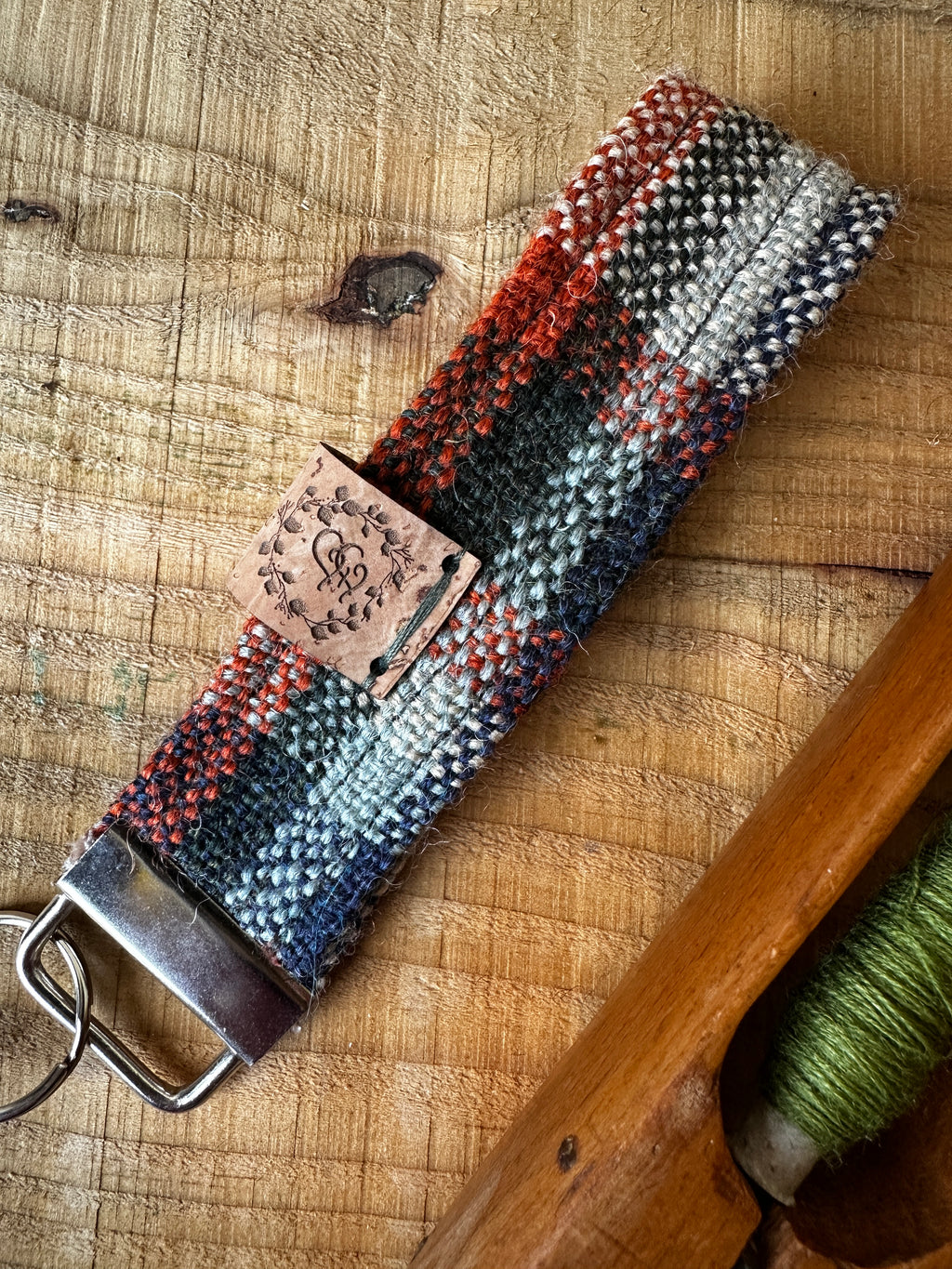 Blue, Green & Orange Plaid British Wool Fabric Key Fob