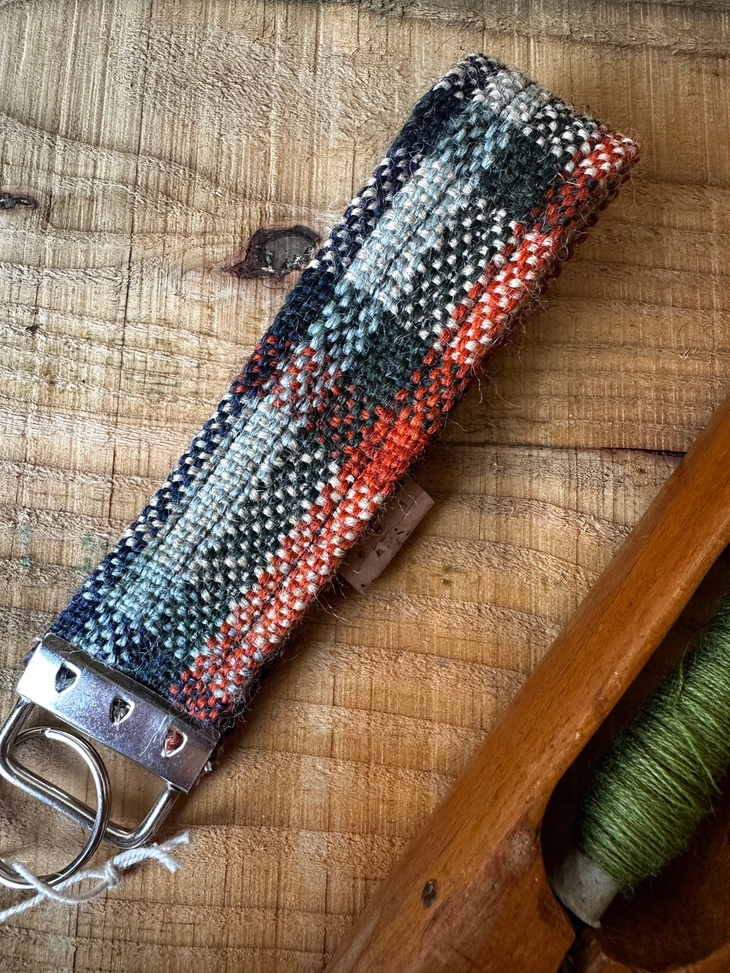 Blue, Green & Orange Plaid British Wool Fabric Key Fob