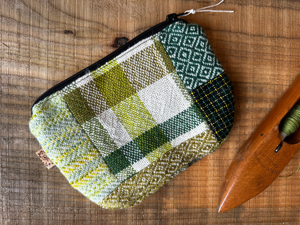 Medium Green British Wool Patchwork Zip Pouch, Fully Lined