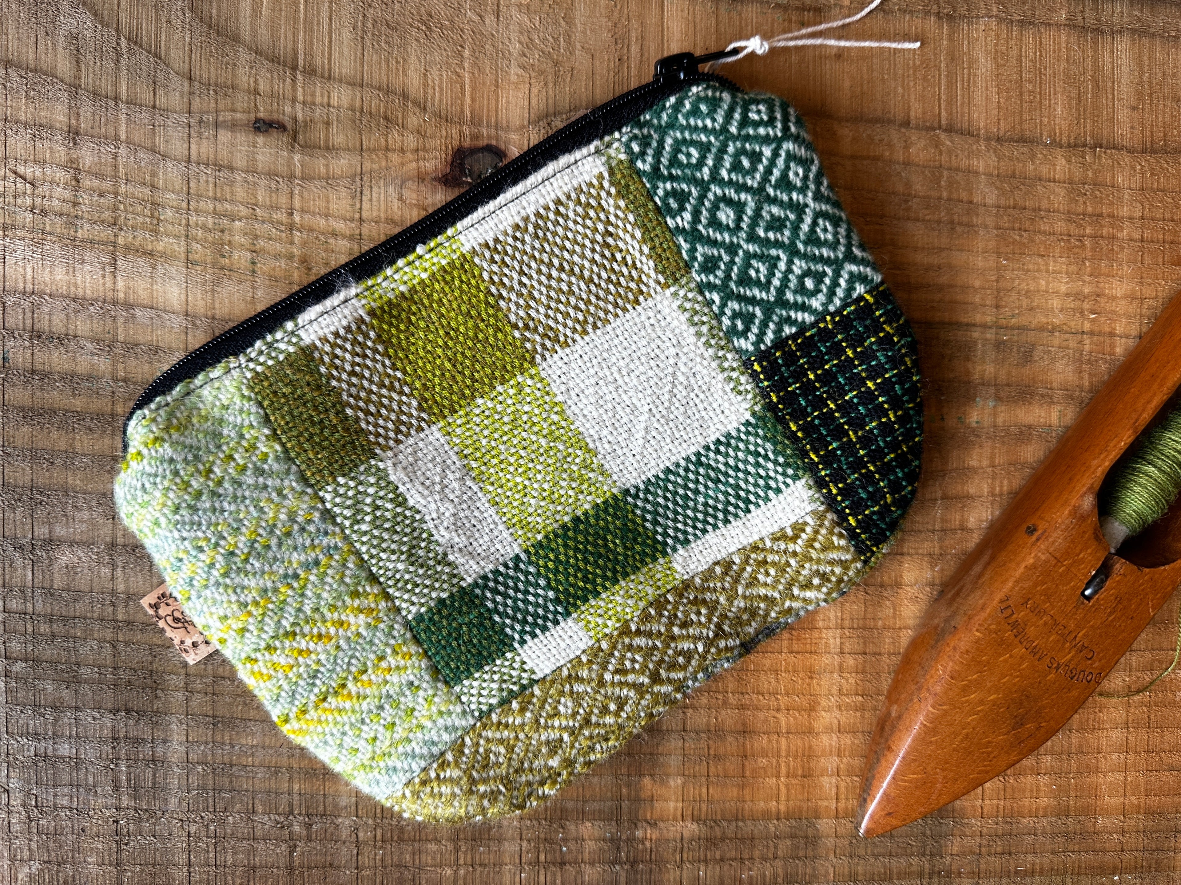 Medium Green British Wool Patchwork Zip Pouch, Fully Lined