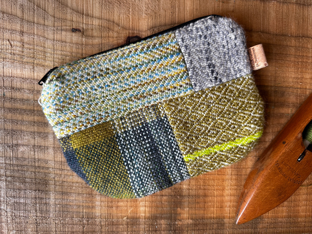 Medium Green British Wool Patchwork Zip Pouch, Fully Lined