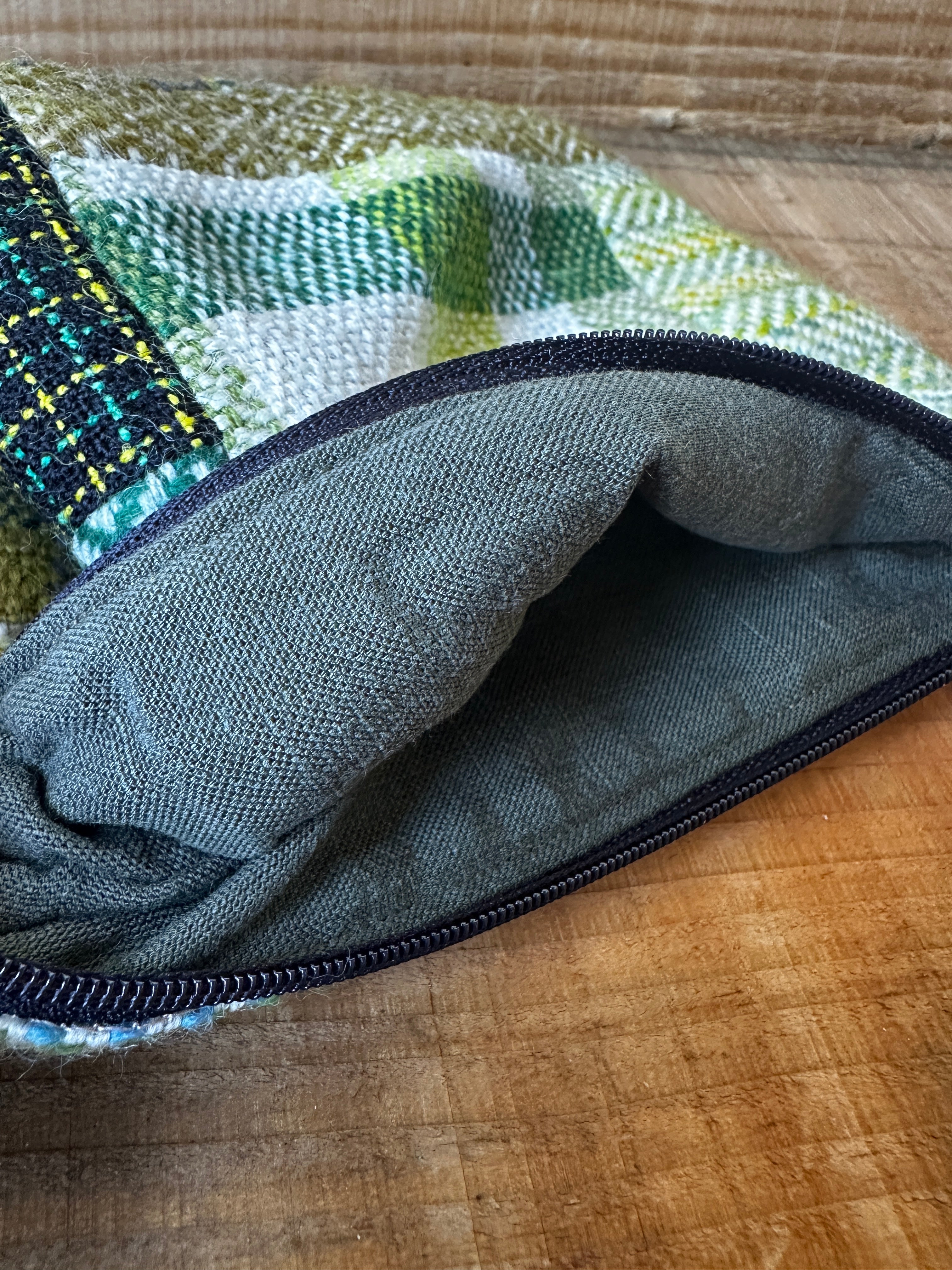 Medium Green British Wool Patchwork Zip Pouch, Fully Lined