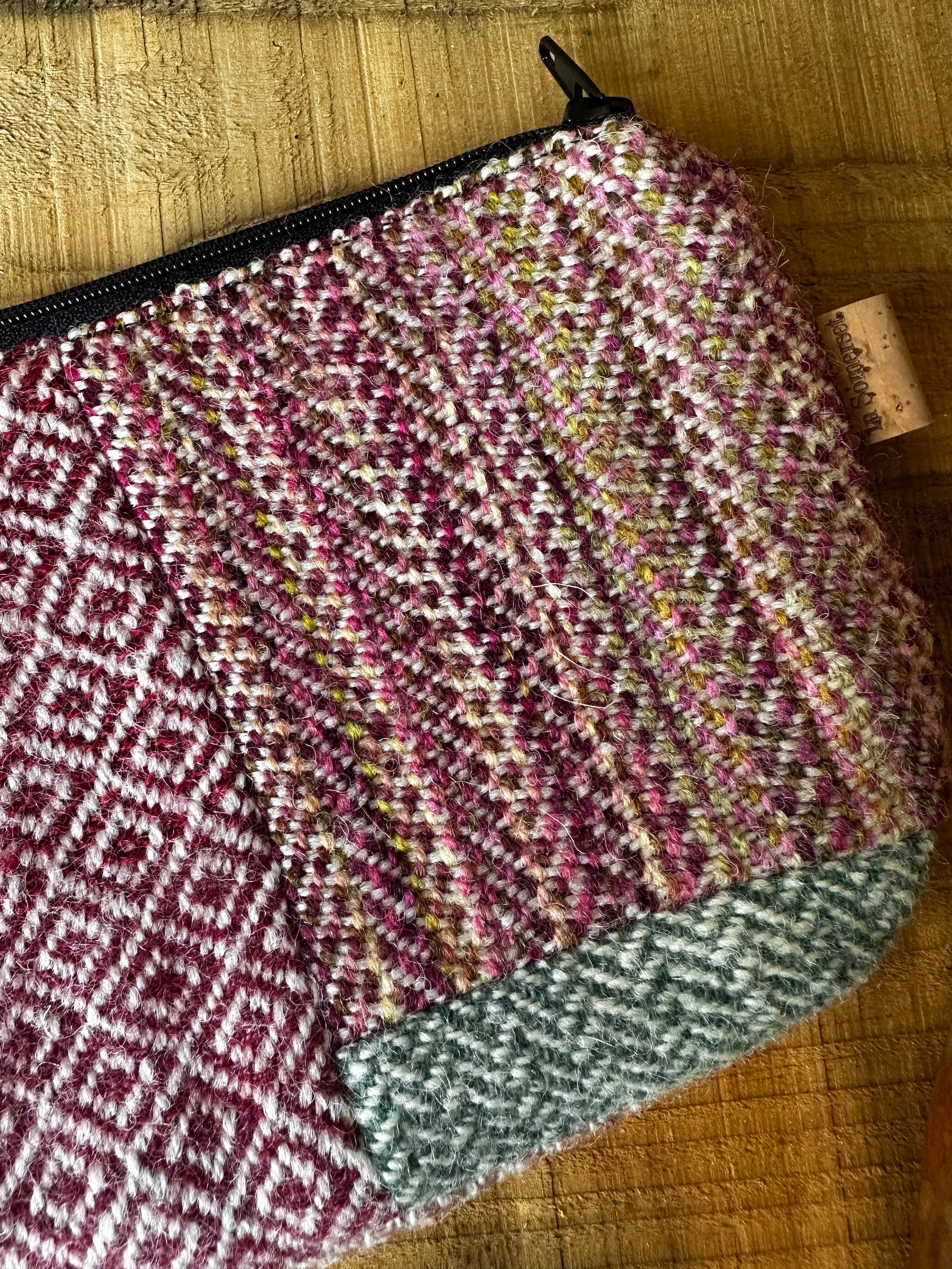 Medium Red & Pink British Wool Patchwork Zip Pouch, Fully Lined