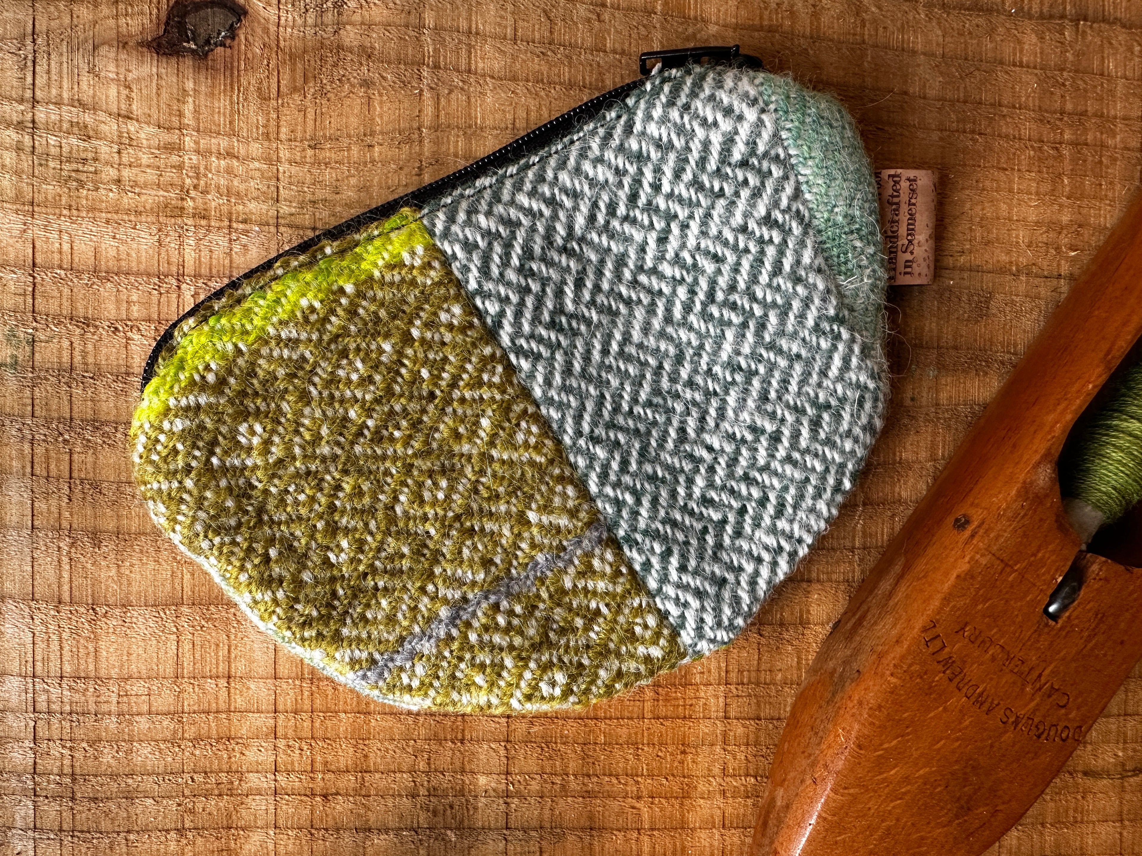 Small Bright Green British Wool Patchwork Coin Pouch, Fully Lined