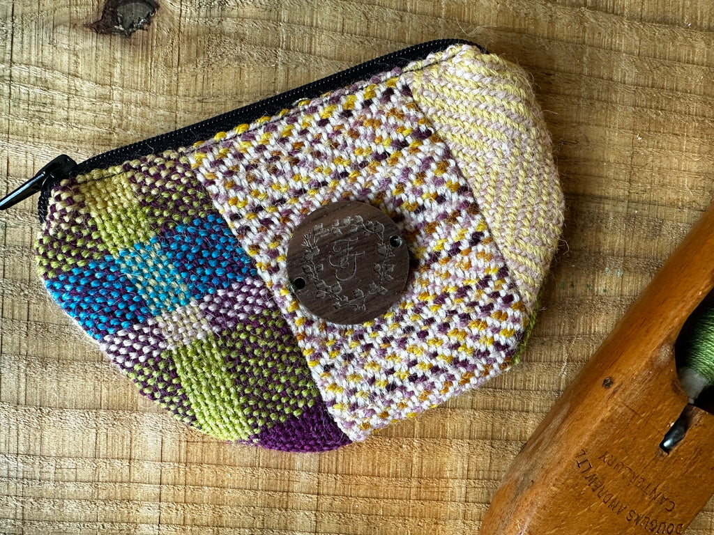 Small Purple & Yellow British Wool Patchwork Coin Pouch, Fully Lined
