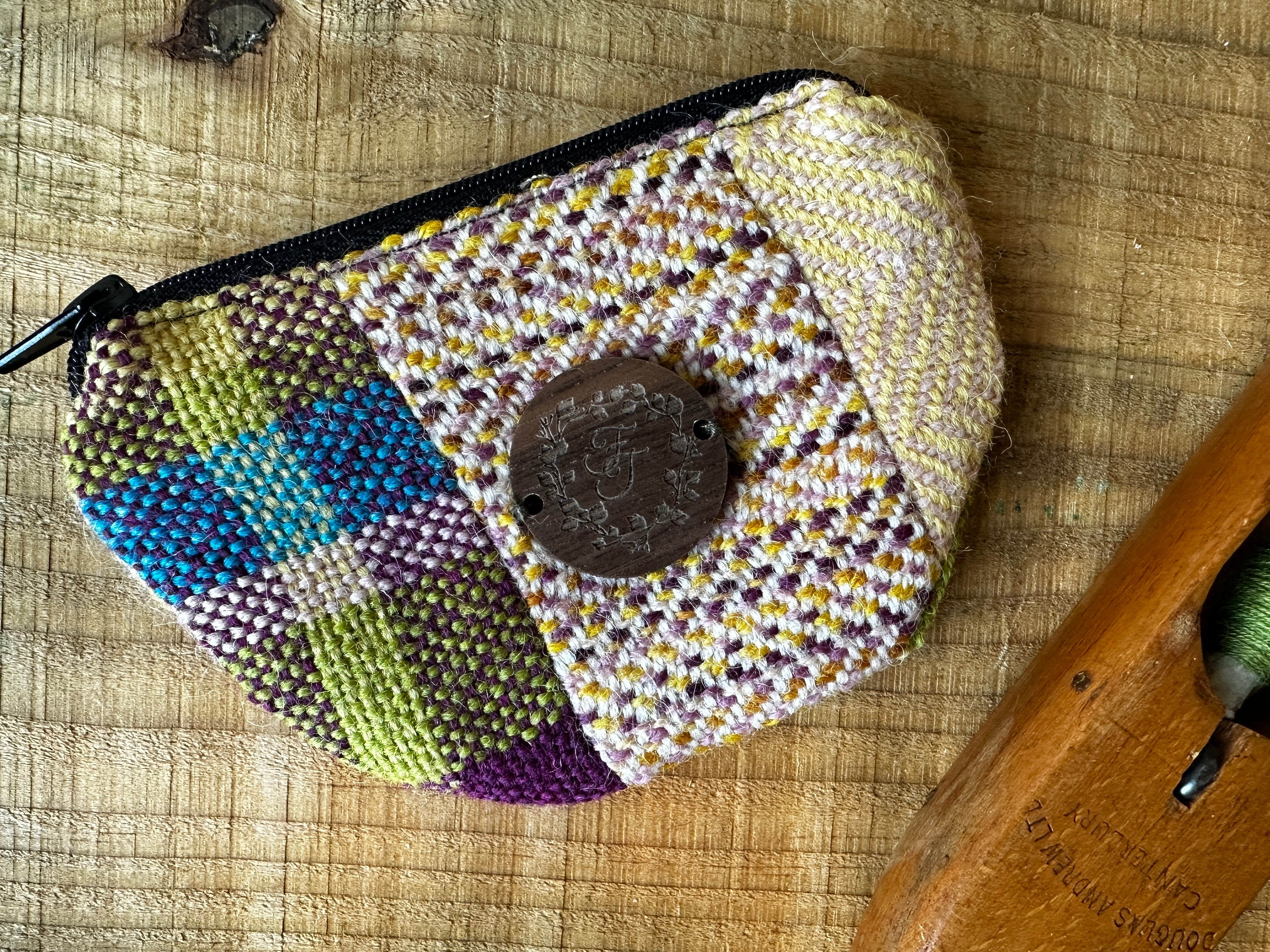 Small Purple & Yellow British Wool Patchwork Coin Pouch, Fully Lined