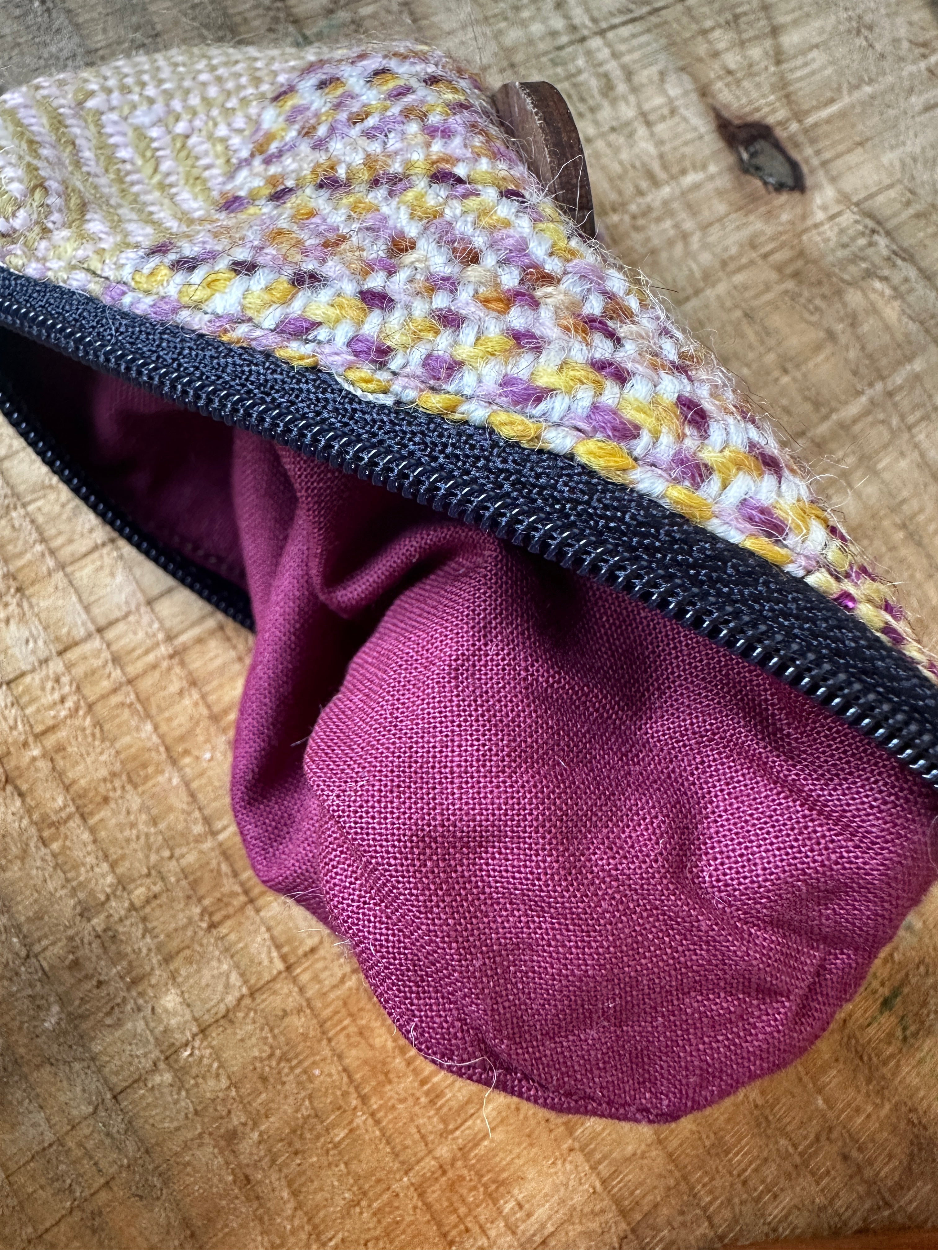 Small Purple & Yellow British Wool Patchwork Coin Pouch, Fully Lined