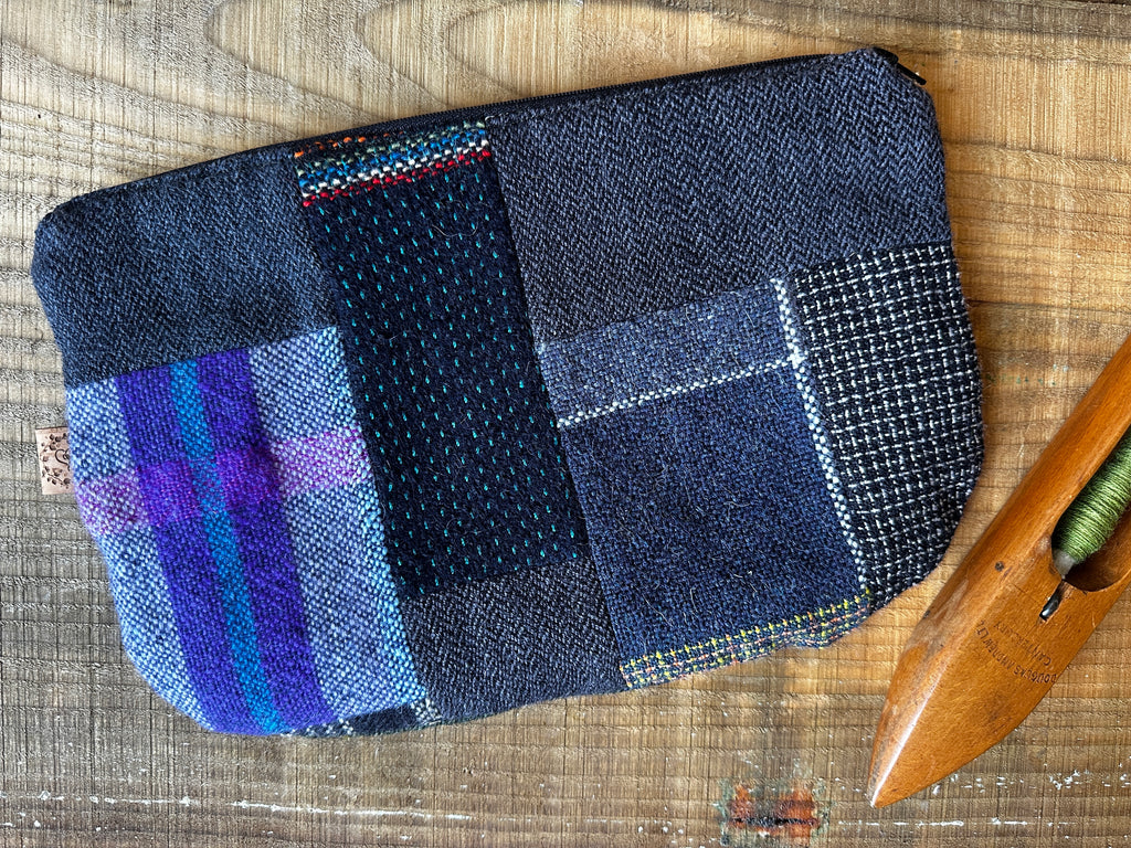 Large Blue British Wool Patchwork Zip Pouch, Fully Lined