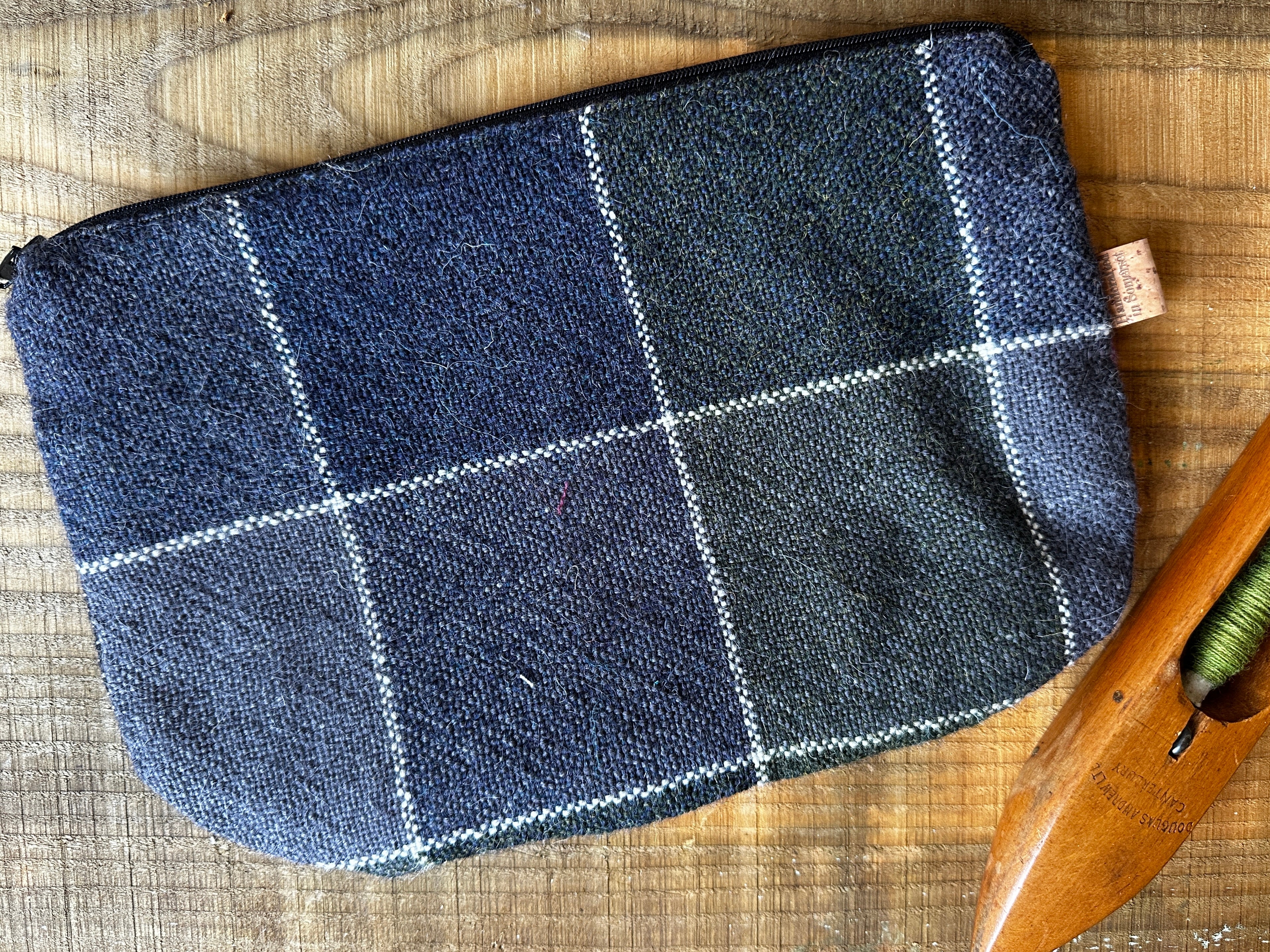 Large Blue British Wool Patchwork Zip Pouch, Fully Lined