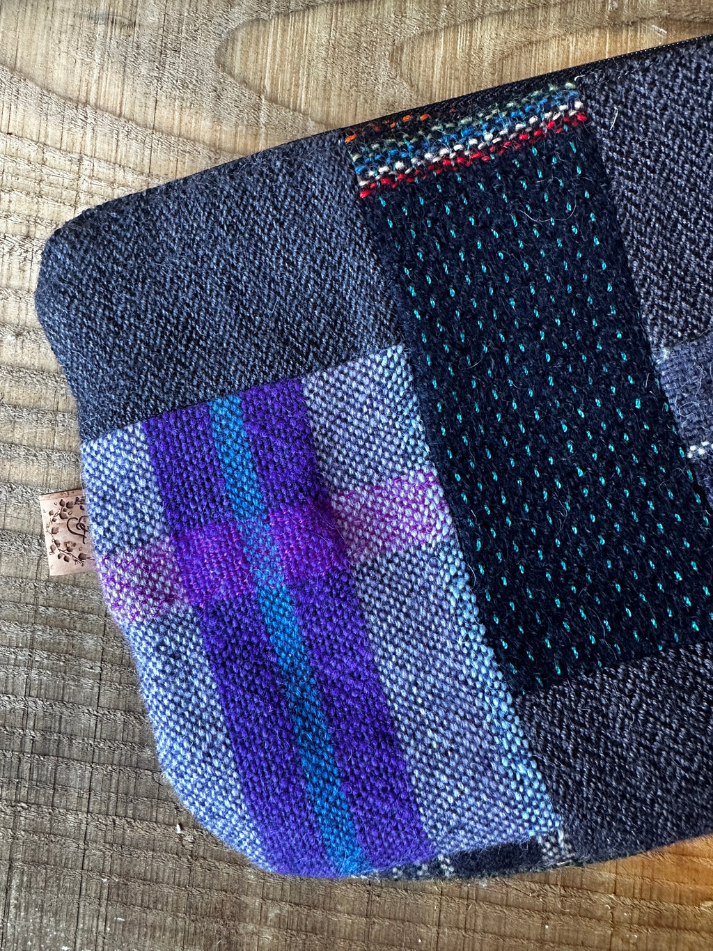 Large Blue British Wool Patchwork Zip Pouch, Fully Lined