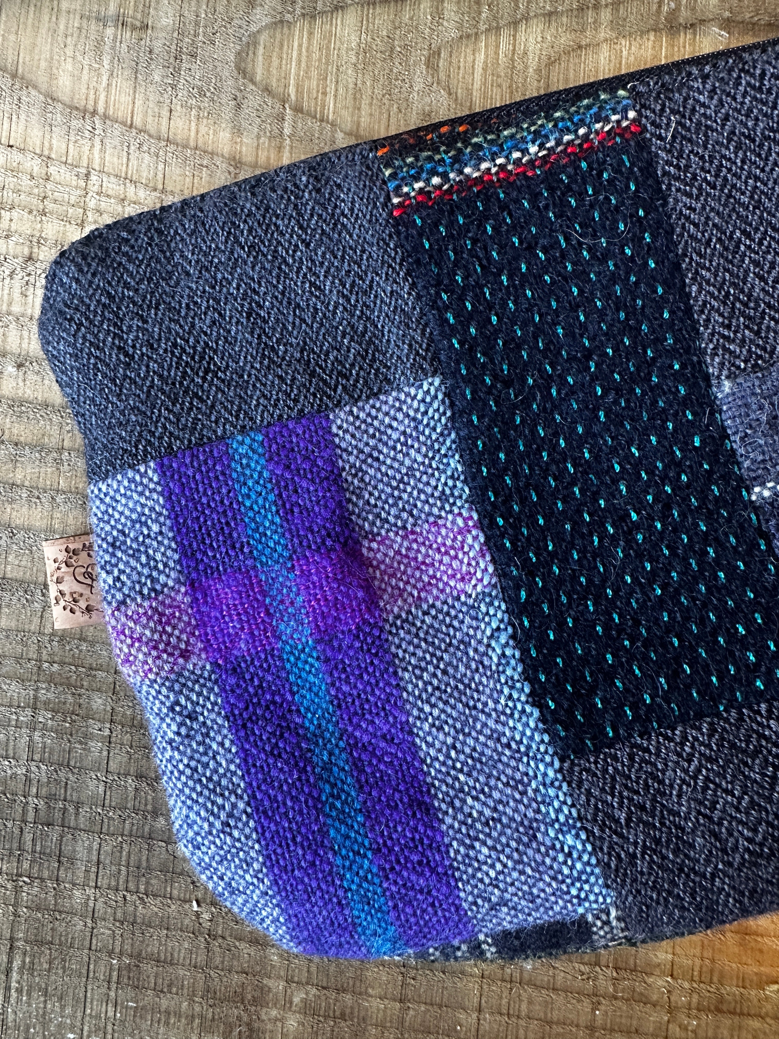 Large Blue British Wool Patchwork Zip Pouch, Fully Lined