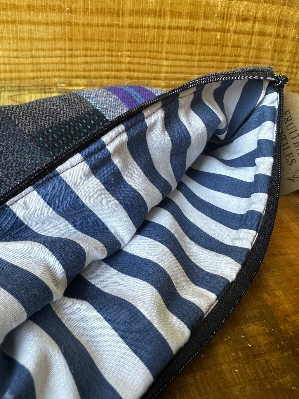 Large Blue British Wool Patchwork Zip Pouch, Fully Lined