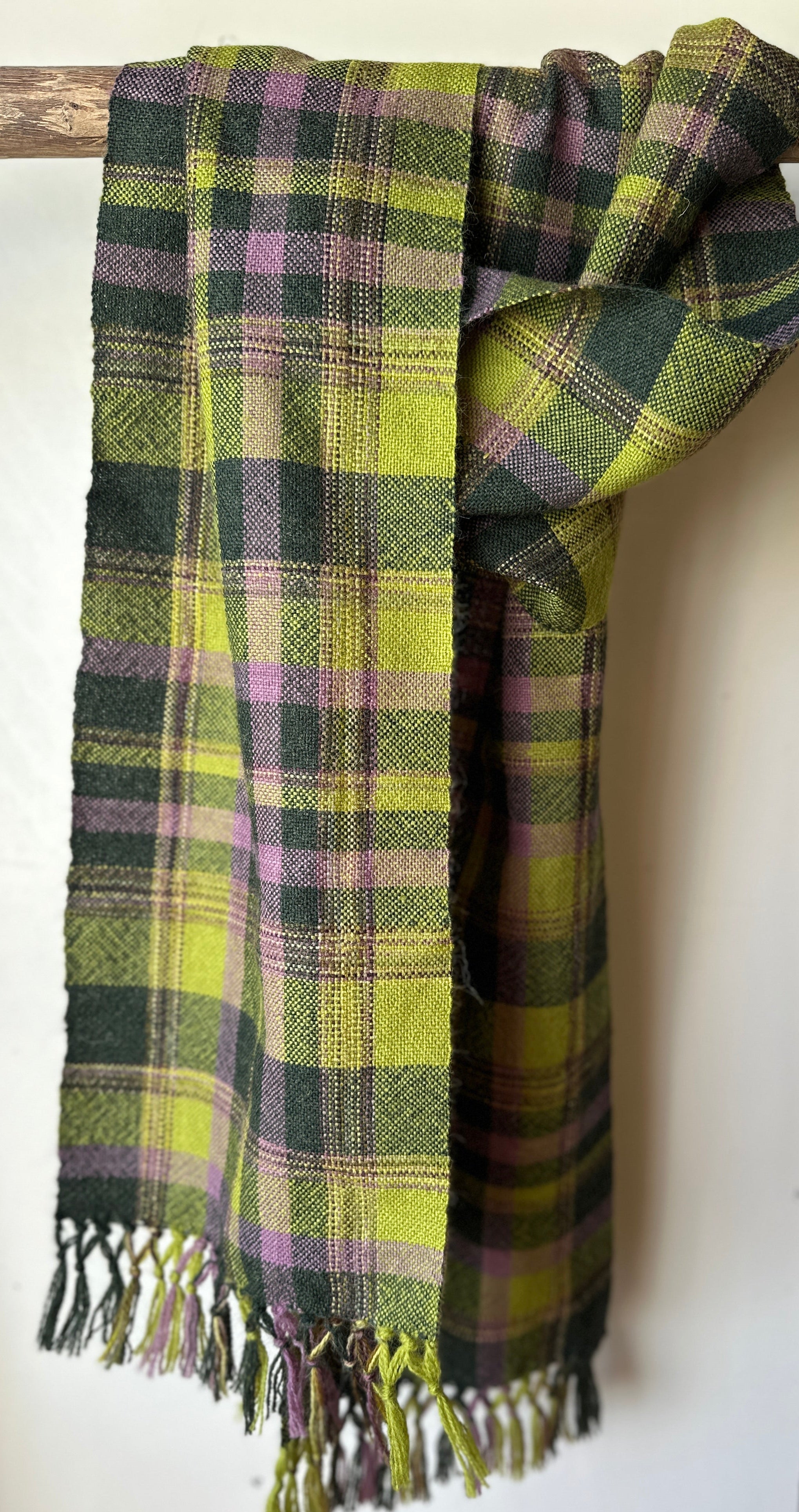 Plaid scarf with green and purple colours draped over a branch against a white background
